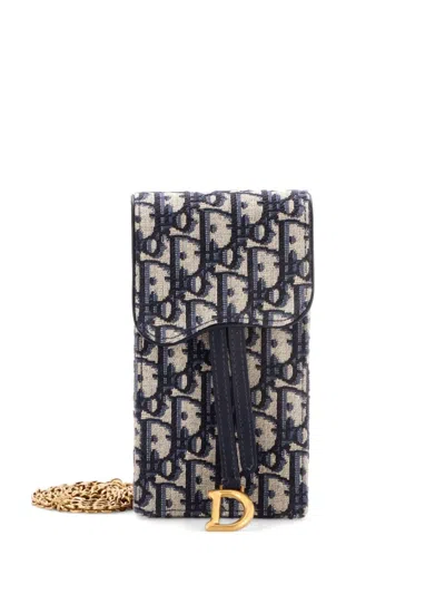 Pre-owned Dior Vertical Saddle Chain Pouch Oblique Canvas Clutch Bag In Blue