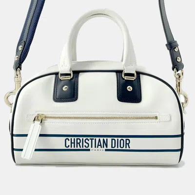 Pre-owned Dior Vibe 2way Bowling Bag White/navy Leather Rubber Size Small