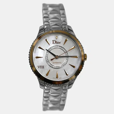 Pre-owned Dior Viii Montaigne Cd1535i0m001 Automatic Diamond Mother Of Pearl 18k Yellow Gold Stainless Steel Women' In Silver