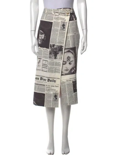 Pre-owned Dior Vintage 2000 Midi Length Gazette-print Skirt In Black/white