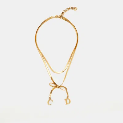 Pre-owned Dior Vintage Cd Bow Gold Plated Double Chain Necklace