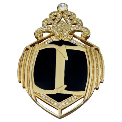 Pre-owned Dior Vintage Christian  Cd Logo Art Deco Style Black Enamel Rhinestone Brooch