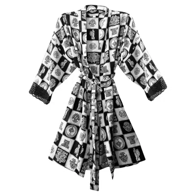 Pre-owned Dior Vintage Christian  For Saks 1980s Check Silk Dressing Gown Robe In Gray