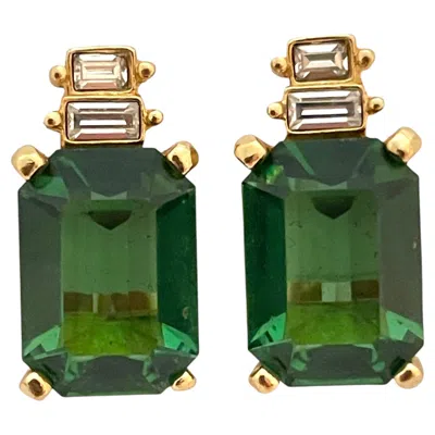 Pre-owned Dior Vintage Christian  Gold Emerald Green Crystal Runway Earrings