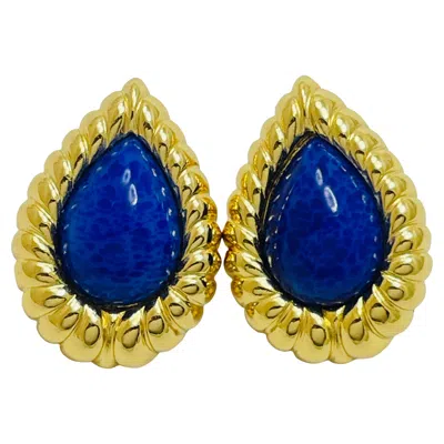 Pre-owned Dior Vintage Christian  Gold Faux Lapis Designer Runway Earrings In Multi