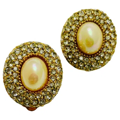 Pre-owned Dior Vintage Christian  Gold Plated Crystal Pearls Designer Runway Clip Earrings In Multi