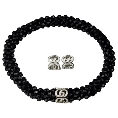 Pre-owned Dior Vintage Christian  Logo Beaded Necklace And Earrings Set In Black