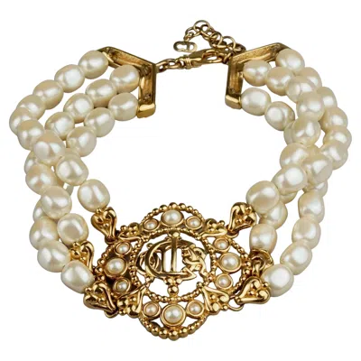 Pre-owned Dior Vintage Christian  Logo Insignia Medallion Tiered Pearl Choker Necklace In Multi