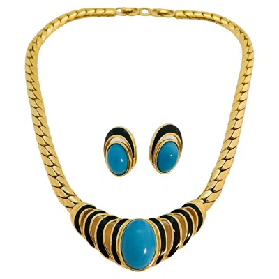 Pre-owned Dior Vintage Christian  Runway Necklace Earrings Set Turquoise Enamel Crystal In Multi