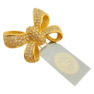 Pre-owned Dior Vintage Christian  Signed Gold Crystals Designer Runway Bow Brooch W Tag In Multi