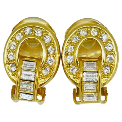 Pre-owned Dior Vintage Christian  Signed Gold Plated Crystals Designer Clip On Earrings In Multi