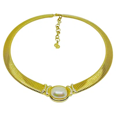 Pre-owned Dior Vintage Christian  Signed Gold Plated Crystals Pearl Omega Chain Necklace In Multi