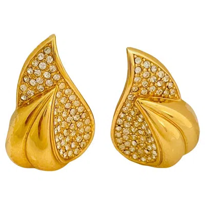 Pre-owned Dior Vintage Christian  Signed Gold Rhinestone Designer Runway Clip On Earrings In Multi