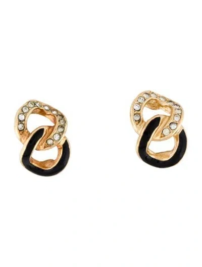 Pre-owned Dior Vintage Crystal & Enamel Chain Link Clip-on Earrings In Black