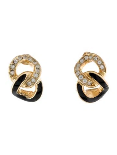 Pre-owned Dior Vintage Crystal & Enamel Chain Link Clip-on Earrings In Black