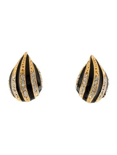 Pre-owned Dior Vintage Crystal & Enamel Clip-on Earrings In Black