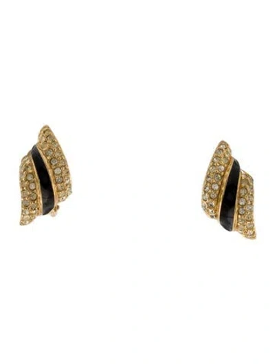 Pre-owned Dior Vintage Crystal & Enamel Clip-on Earrings In Black