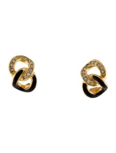 Pre-owned Dior Vintage Crystal & Enamel Clip-on Earrings In Black