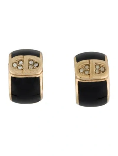 Pre-owned Dior Vintage Crystal & Enamel Clip-on Earrings In Black