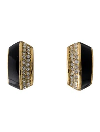 Pre-owned Dior Vintage Crystal And Enamel Clip-on Earrings In Black