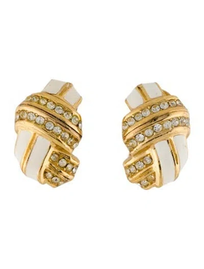 Pre-owned Dior Vintage Crystal & Enamel Clip-on Earrings In White