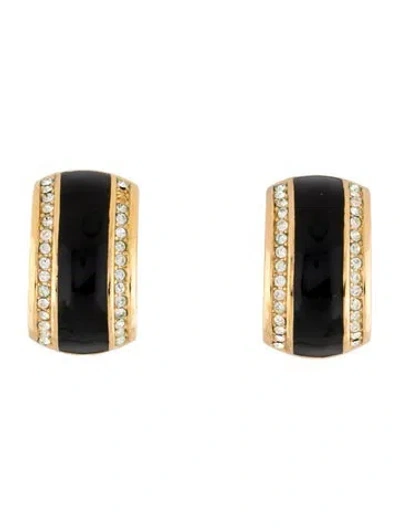 Pre-owned Dior Vintage Crystal & Enamel Half Hoop Clip-on Earrings In Black