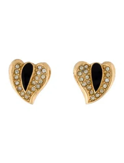 Pre-owned Dior Vintage Crystal & Enamel Heart Clip-on Earrings In Multi