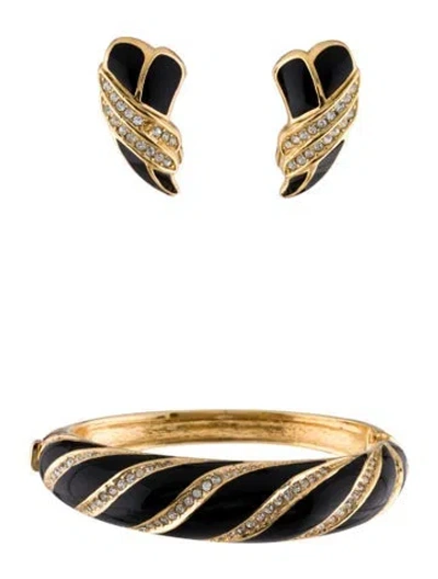 Pre-owned Dior Vintage Crystal & Enamel Hinged Bangle & Earrings Set, 6.25" In Multi