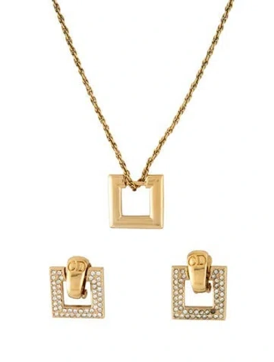 Pre-owned Dior Vintage Crystal & Enamel Interchangeable Necklace Earrings Set In Black/clear