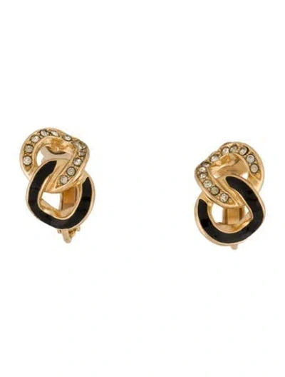 Pre-owned Dior Vintage Crystal & Enamel Link Clip-on Earrings In Black