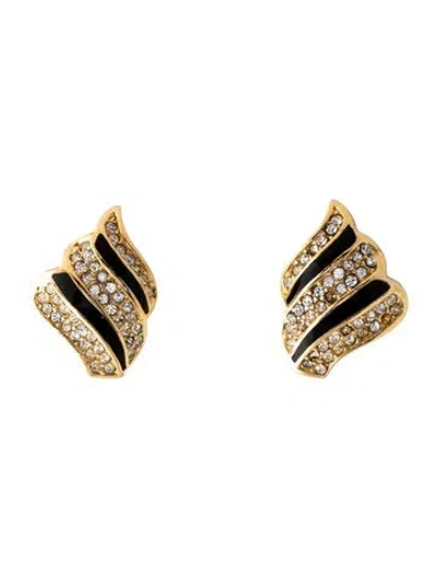 Pre-owned Dior Vintage Crystal & Enamel Swirl Clip-on Earrings In Black
