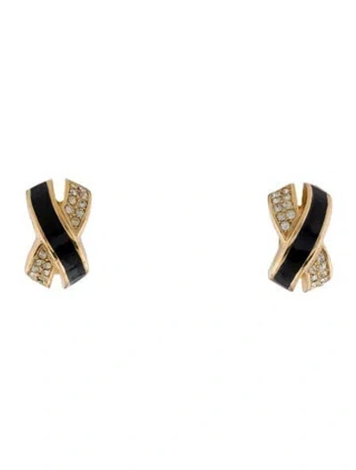Pre-owned Dior Vintage Crystal & Enamel X Clip-on Earrings In Black