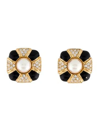 Pre-owned Dior Vintage Crystal & Faux Pearl Clip-on Earrings In Multi
