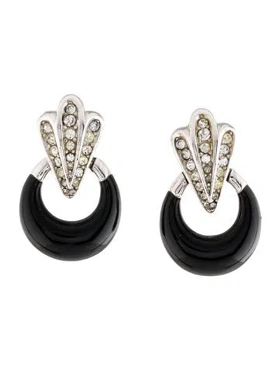 Pre-owned Dior Vintage Crystal & Resin Clip-on Drop Earrings In Black