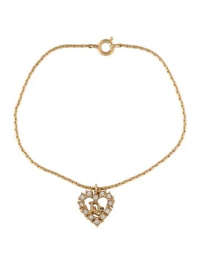 Pre-owned Dior Vintage Crystal Heart Logo Charm Bracelet, 7" In Transparent