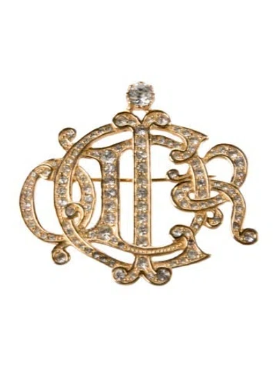 Pre-owned Dior Vintage Crystal Monogram Brooch In Gold