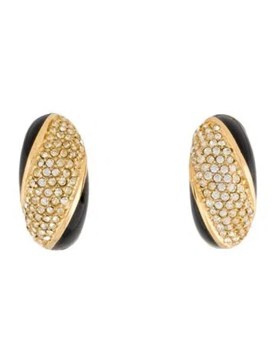 Pre-owned Dior Vintage Enamel & Crystal Half Hoop Clip-on Earrings In Black