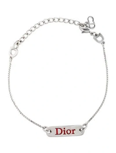 Pre-owned Dior Vintage Enamel Logo Plate Station Bracelet, 9" In Red