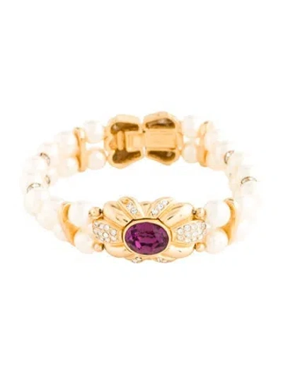 Pre-owned Dior Vintage Faux Pearl & Crystal Bead Bracelet, 6.75" In Clear/purple/white