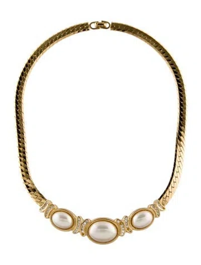 Pre-owned Dior Vintage Faux Pearl & Crystal Choker, 15" In White