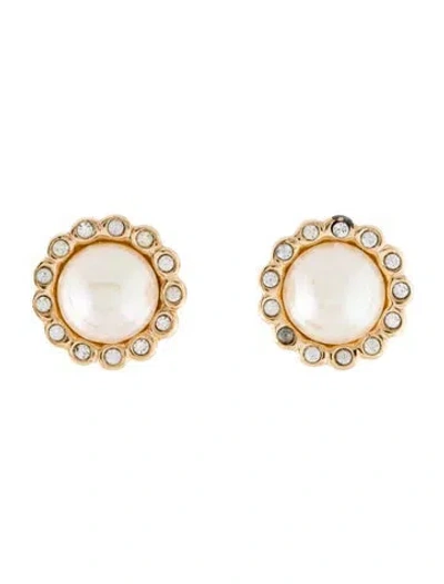 Pre-owned Dior Vintage Faux Pearl & Crystal Clip On Earrings In White