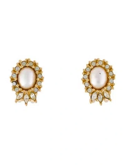 Pre-owned Dior Vintage Faux Pearl & Crystal Clip-on Earrings In Multi