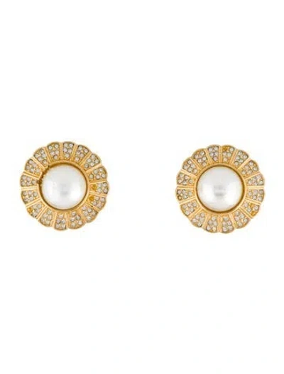 Pre-owned Dior Vintage Faux Pearl & Crystal Clip-on Earrings In Multi