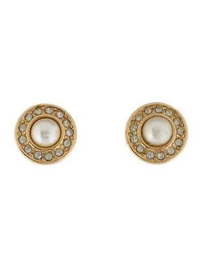 Pre-owned Dior Vintage Faux Pearl & Crystal Clip-on Earrings In White