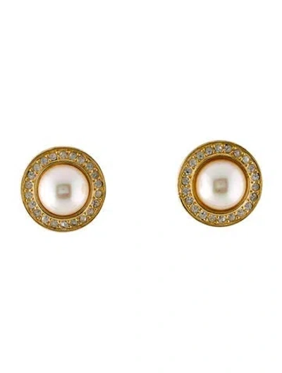 Pre-owned Dior Vintage Faux Pearl & Crystal Clip-on Earrings In White
