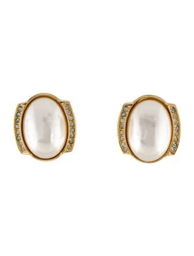 Pre-owned Dior Vintage Faux Pearl & Crystal Clip-on Earrings In White