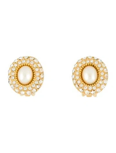 Pre-owned Dior Vintage Faux Pearl & Crystal Clip-on Earrings In White