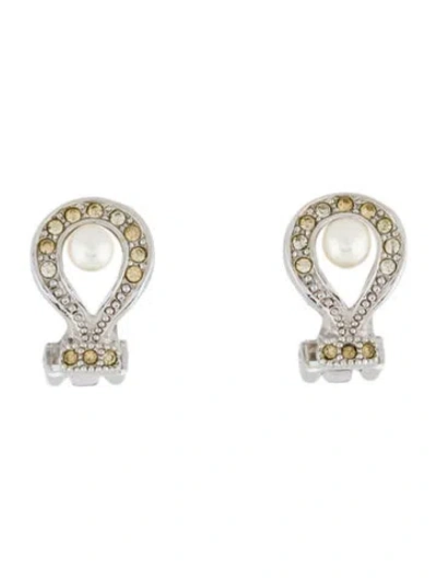 Pre-owned Dior Vintage Faux Pearl & Crystal Clip-on Earrings In White
