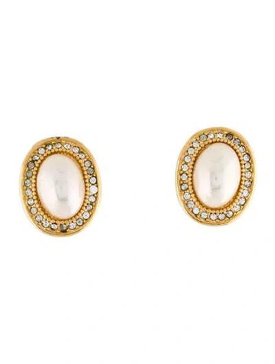 Pre-owned Dior Vintage Faux Pearl & Crystal Clip-on Earrings In White