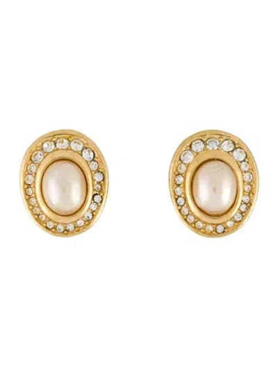 Pre-owned Dior Vintage Faux Pearl & Crystal Clip-on Earrings In White